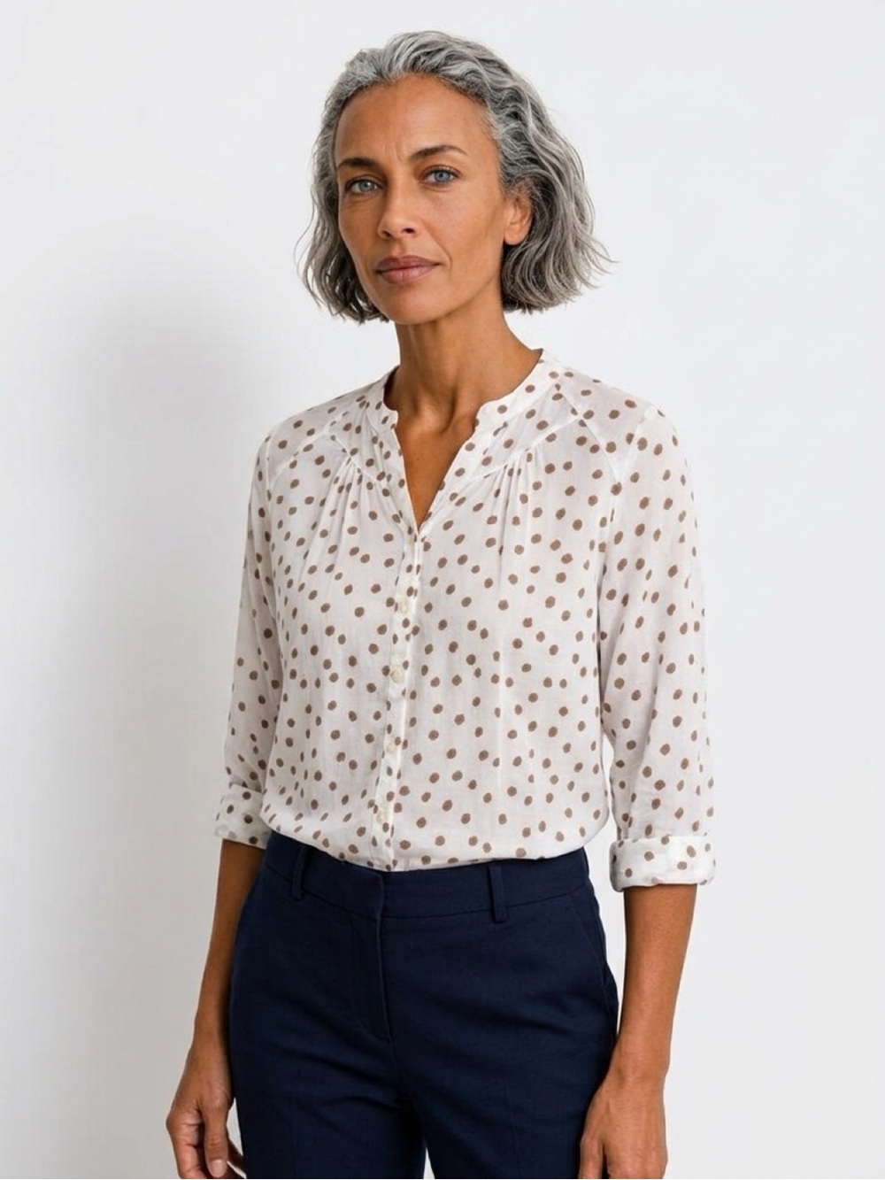 Maeve Blouse Women’s XS Cream Blouse with Brown Polka Dots Button Front !